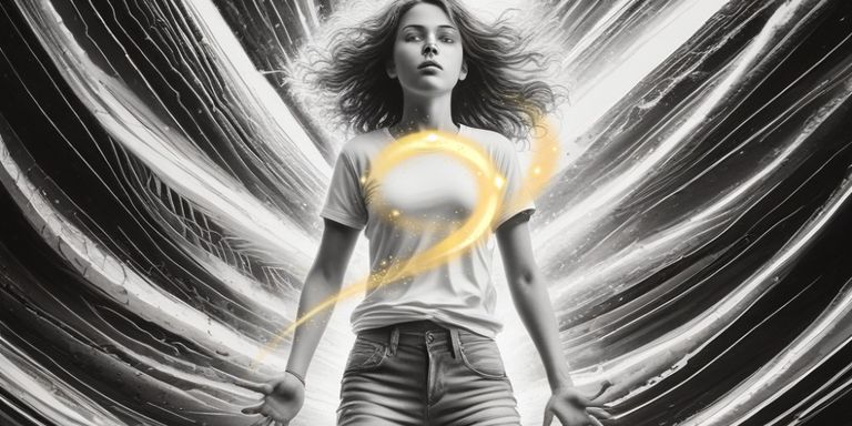 Ein Mädchen mit lockigem Haar trägt ein weißes T-Shirt und steht vor einem dunklen, dynamisch strukturierten Hintergrund mit leuchtend gelbem, magischem Licht, das sich um ihren Oberkörper windet.